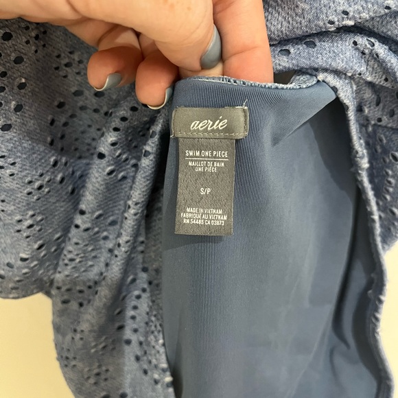 Aerie Deep V Textured Blue One Piece Swimsuit, Size Small - Picture 8 of 9